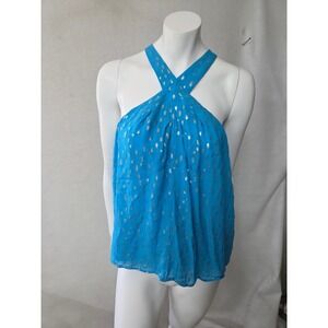Lilly Pulitzer Rori Halter Top‎ Blue Gold Metallic Clip Dot Crossover Neck Small